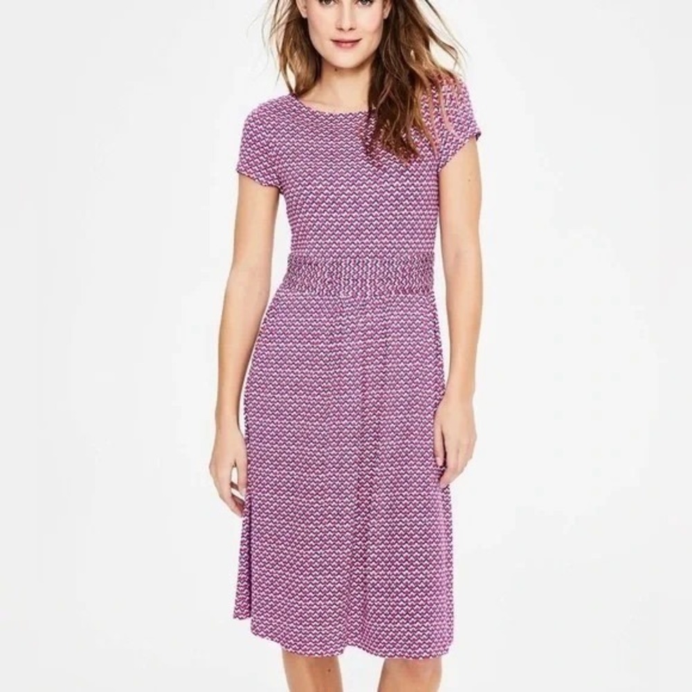 Boden Amelia Jersey Knit Womens  Dress Geometric Print Short Sleeve Midi Pink